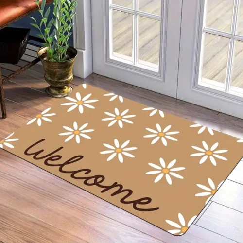 Brown & White Daisy Welcome Doormat for Home Entrance, Foyer, Kitchen, Bathroom