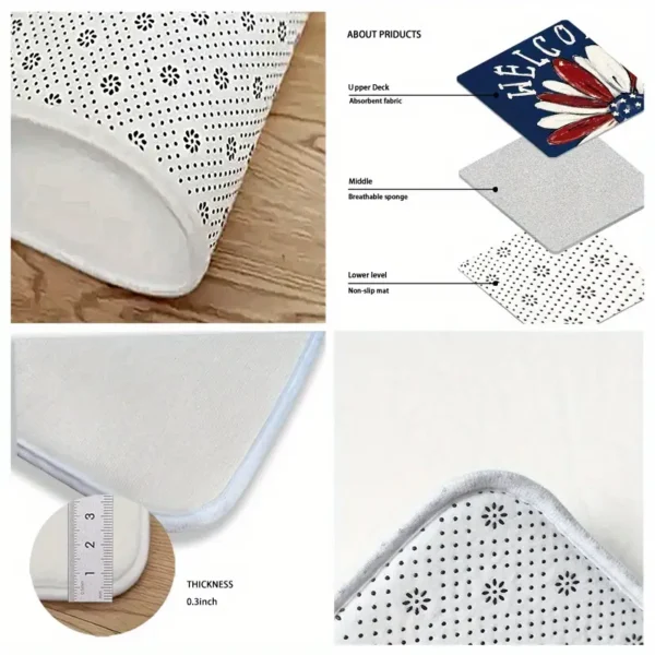 Patriotic with Floral American Flag Design Welcome Doormat for Home Entrance, Foyer, Kitchen, Bathroom