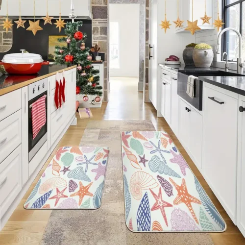 2 Piece Kitchen Rug Set - Cartoon Seashell Starfish for Kitchen and Bathroom