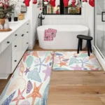 2 Piece Kitchen Rug Set - Cartoon Seashell Starfish for Kitchen and Bathroom