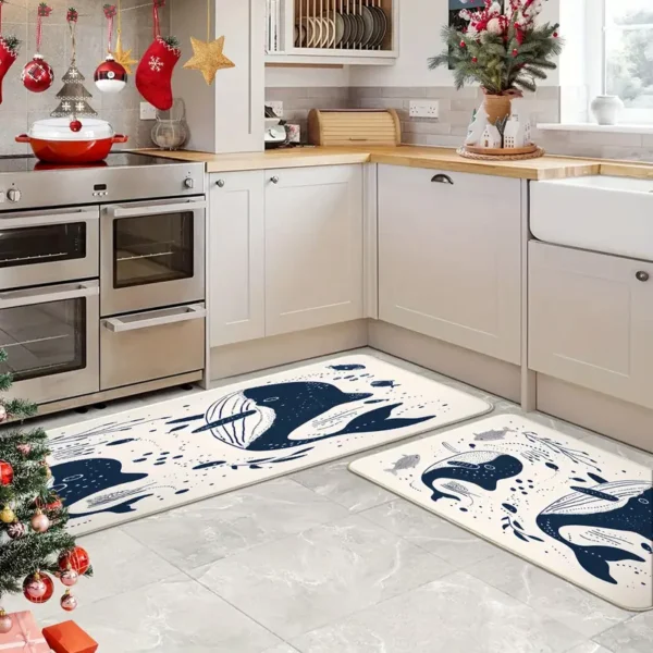 2 Piece Kitchen Rug Set - Cartoon Blue Whale for Kitchen and Bathroom