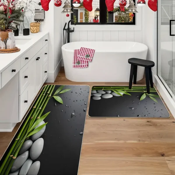 2 Piece Kitchen Rug Set - Gray Pebble Bamboo for Kitchen and Bathroom