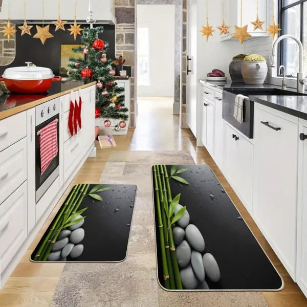 2 Piece Kitchen Rug Set - Gray Pebble Bamboo for Kitchen and Bathroom