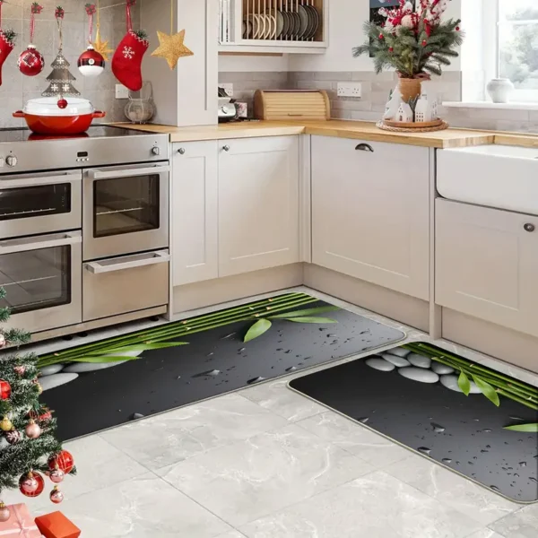 2 Piece Kitchen Rug Set - Gray Pebble Bamboo for Kitchen and Bathroom