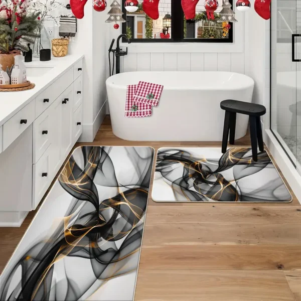 2 Piece Kitchen Rug Set - Black and Gold Smoke for Kitchen and Bathroom