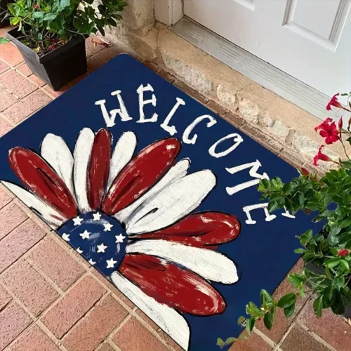 Patriotic with Floral American Flag Design Welcome Doormat for Home Entrance, Foyer, Kitchen, Bathroom