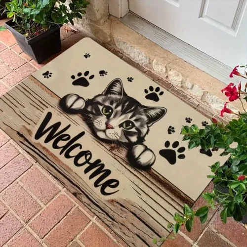 Charming Cat Welcome Doormat for Home Entrance, Foyer, Kitchen, Bathroom