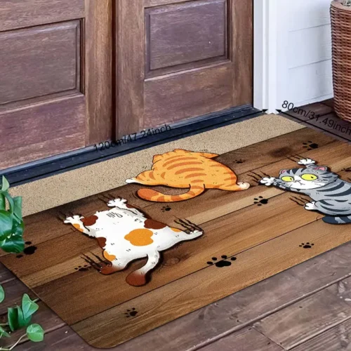 Cute Cartoon with Multiple Cat Wood Grain Retro Welcome Doormat for Home Entrance, Foyer, Kitchen, Bathroom