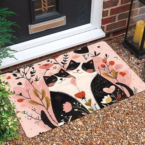 Pink Bottom with Multi-Love Heart Flower Couple Cat Pattern Welcome Doormat for Home Entrance, Foyer, Kitchen, Bathroom