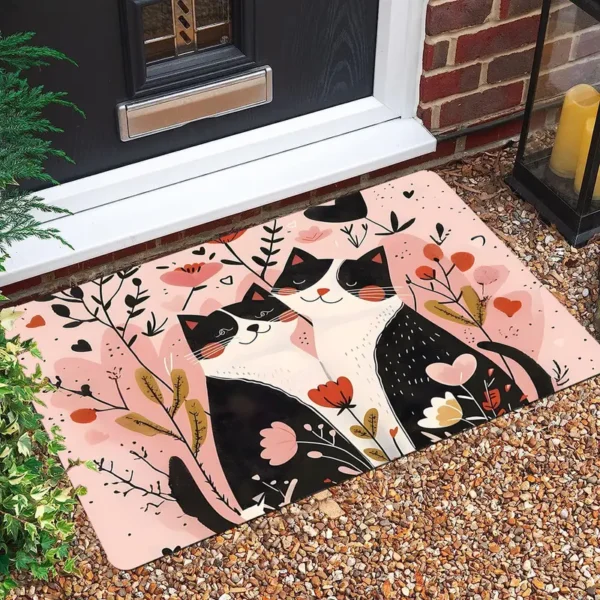 Pink Bottom with Multi-Love Heart Flower Couple Cat Pattern Welcome Doormat for Home Entrance, Foyer, Kitchen, Bathroom