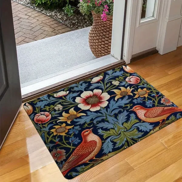 Vintage Floral & Bird Welcome Doormat for Home Entrance, Foyer, Kitchen, Bathroom