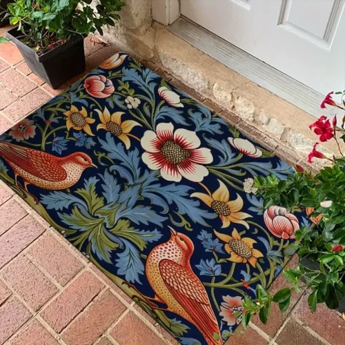 Vintage Floral & Bird Welcome Doormat for Home Entrance, Foyer, Kitchen, Bathroom