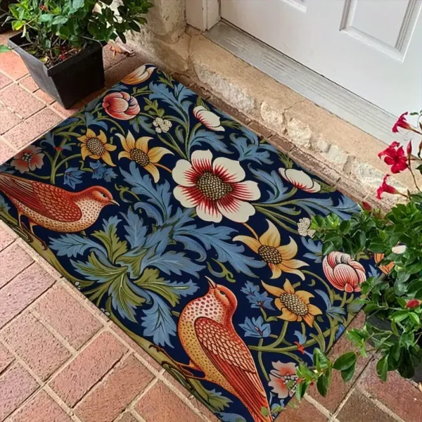 Vintage Floral & Bird Welcome Doormat for Home Entrance, Foyer, Kitchen, Bathroom