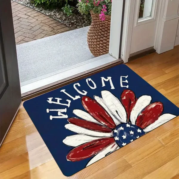 Patriotic with Floral American Flag Design Welcome Doormat for Home Entrance, Foyer, Kitchen, Bathroom