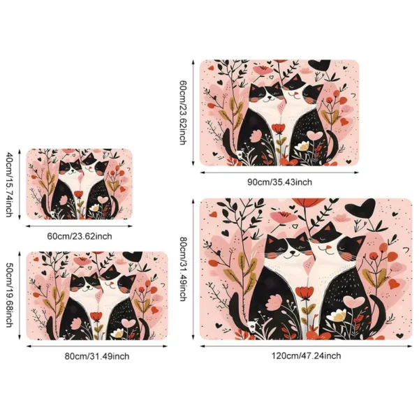 Pink Bottom with Multi-Love Heart Flower Couple Cat Pattern Welcome Doormat for Home Entrance, Foyer, Kitchen, Bathroom